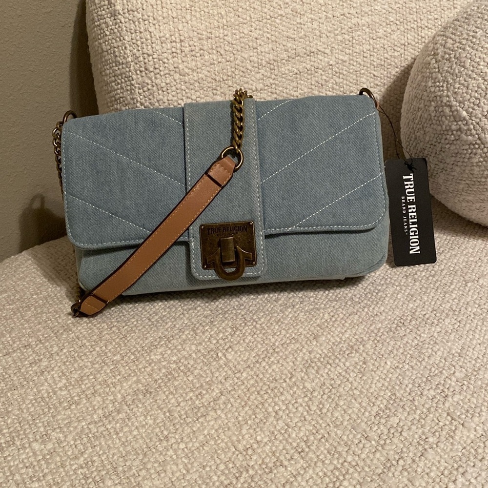 True Religion LIGHT BLUE DENIM BRASS HARDWARE FLAP